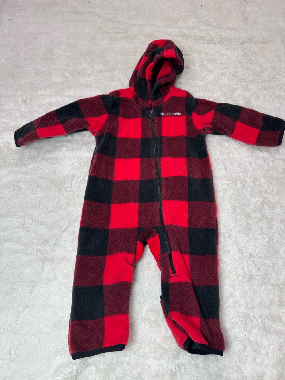 Columbia Red & Black Buffalo Plaid Hooded Kids One-Piece Fleece